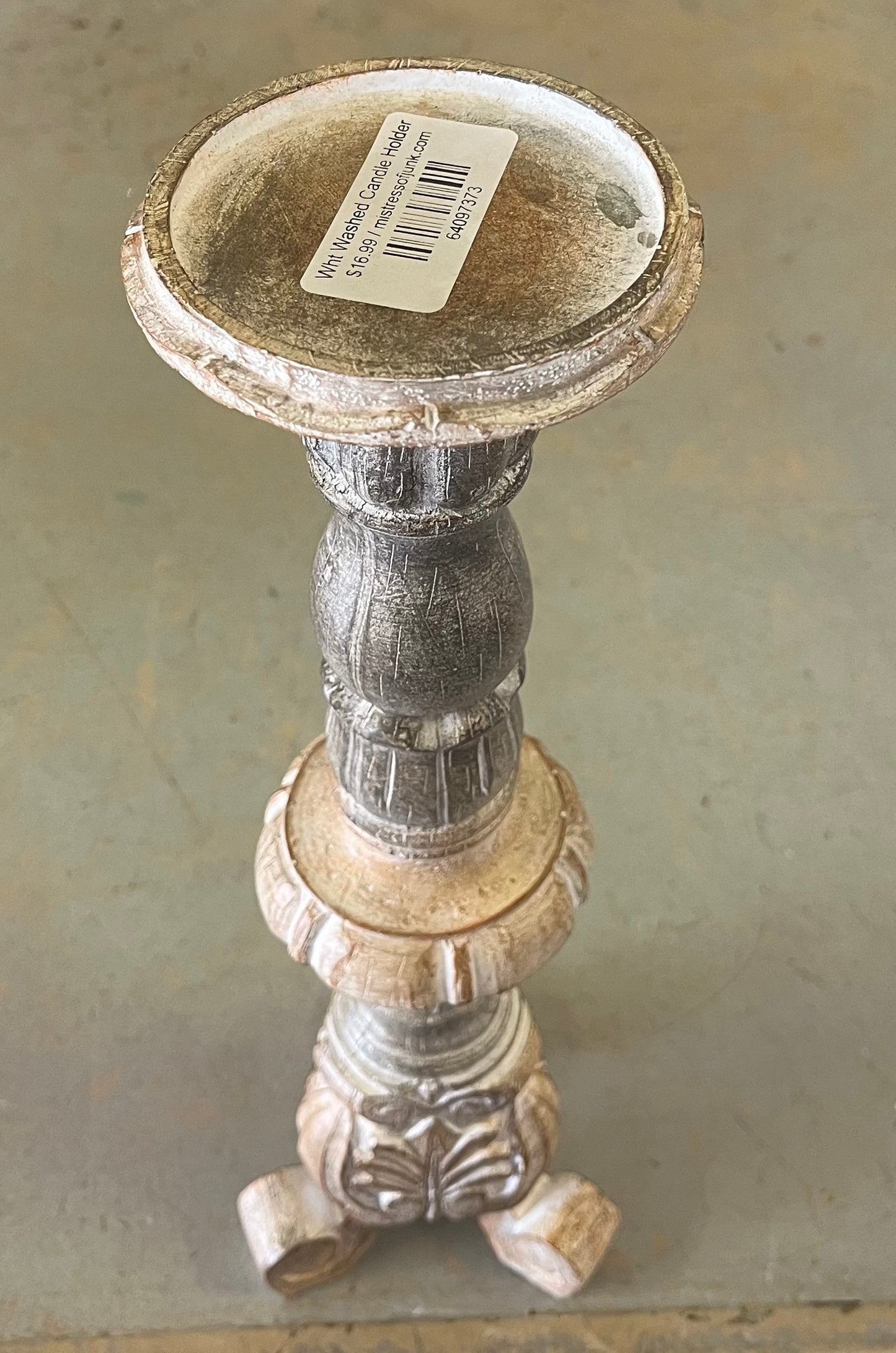 Wht Washed Candle Holder